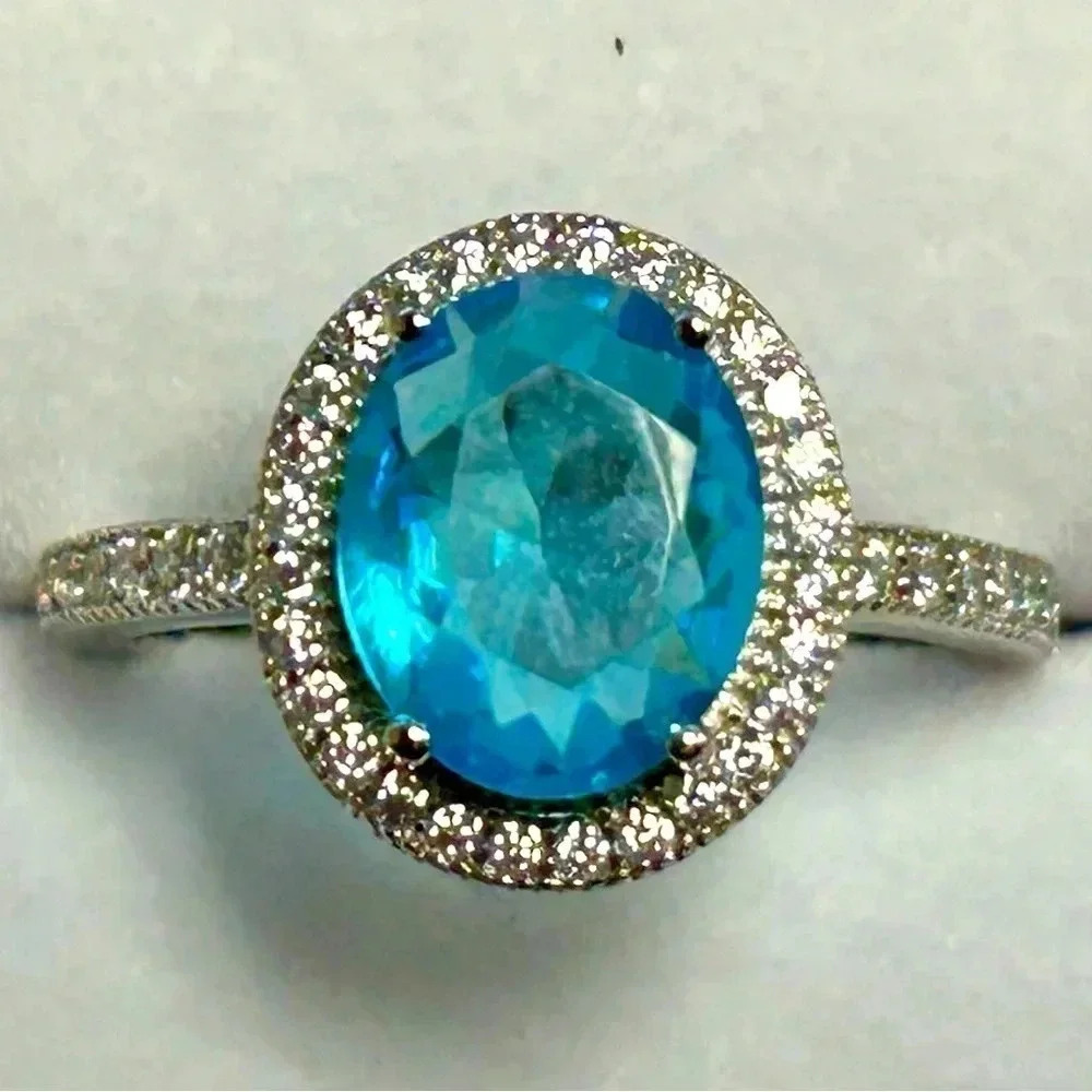 New Sterling Silver and Glass Blue Topaz Ring, Size 7